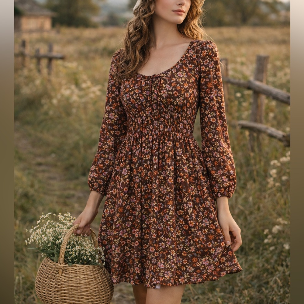 Oak & Trellis Floral Boho Mini Dress Small Cottagecore Boho Long Sleeve‎ Rayon